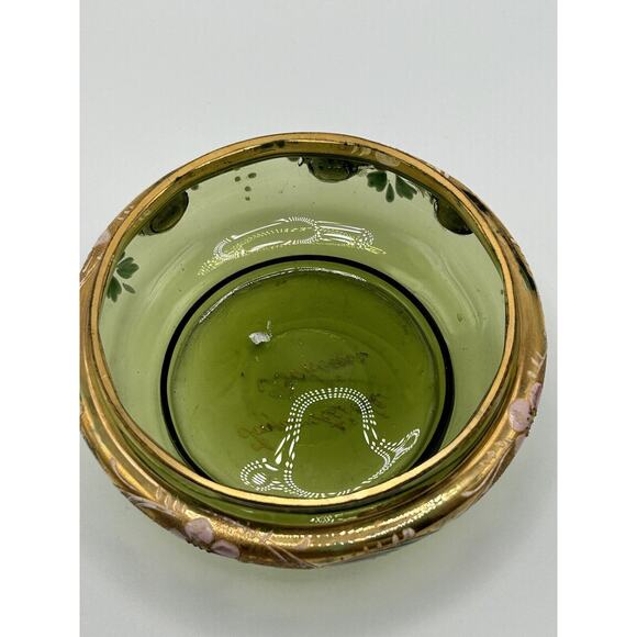 Vintage French Green Hand Painted Gold Rim Dresser Vanity Trinket Box Signed - Picture 5 of 10